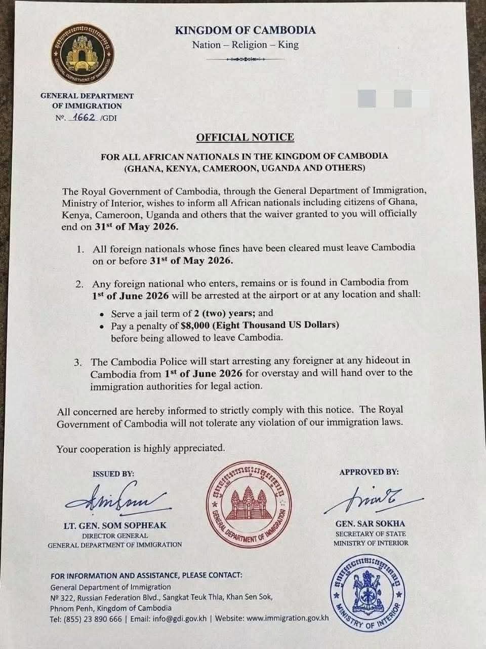 Viral Notice Ordering African Nationals Out of Cambodia by May 31 Declared Fake by Cambodian Government