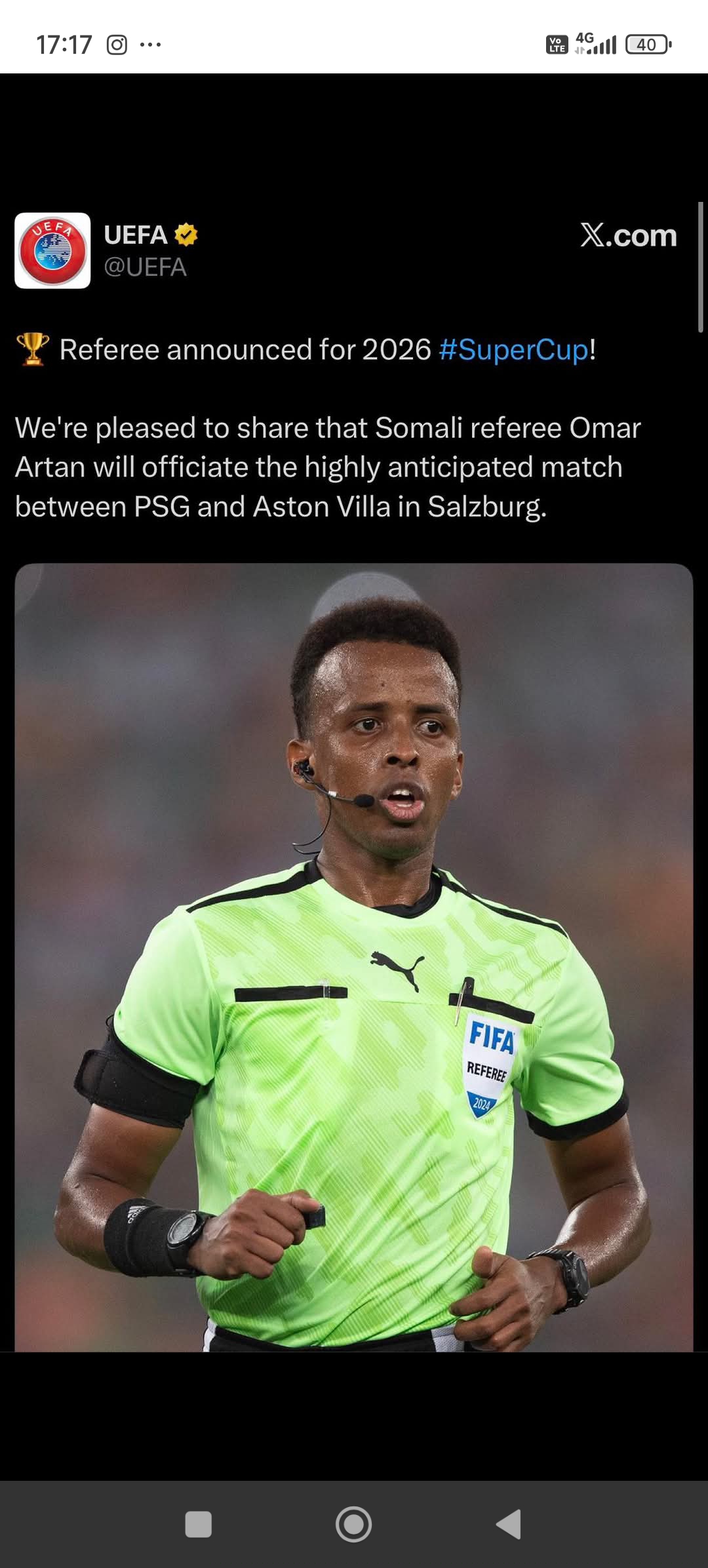 Somali Referee Omar Artan Appointed to Officiate 2026 UEFA Super Cup After World Cup Setback